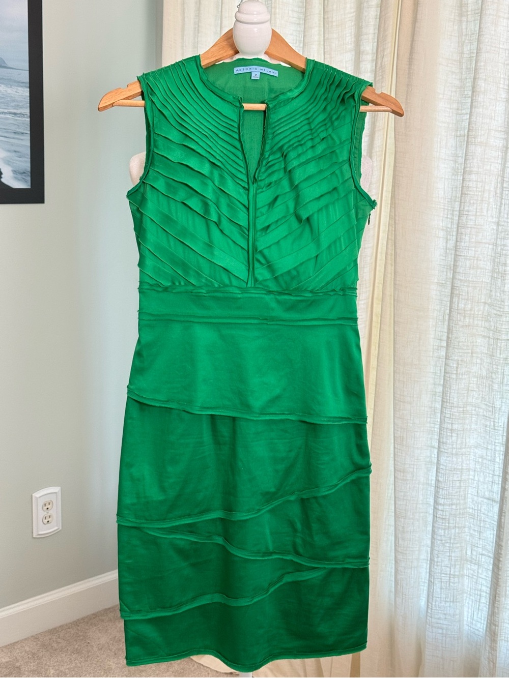 ANTONIO MELANI Emerald Green Sleeveless Pintuck Cotton Midi Dress - Size 2